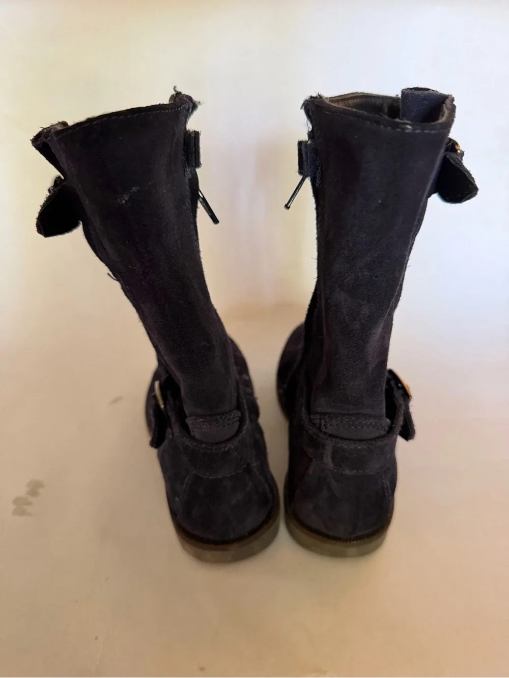 Kids Navy Suede Mid-Calf Boots with Strap Detail